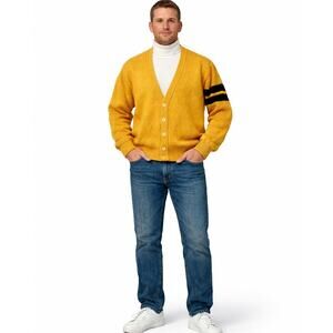 Vintage 90s Lands End Yellow Wool Blend Varsity Preppy Cardigan Mens Size Medium